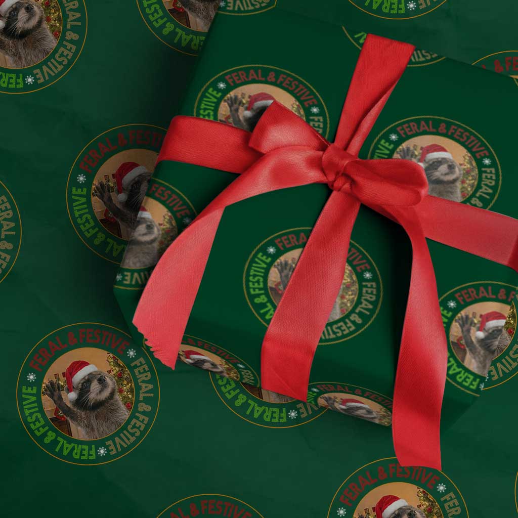 Funny Christmas Pedro The Racoon Wrapping Paper Roll Feral And Festive Xmas Santa Trash Panda TS11 Green Print Your Wear