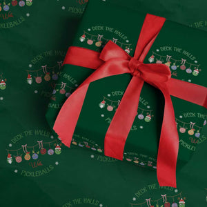 Funny Christmas Pickleball Wrapping Paper Roll Deck The Halls With Pickleballs Santa Hat TS11 Green Print Your Wear