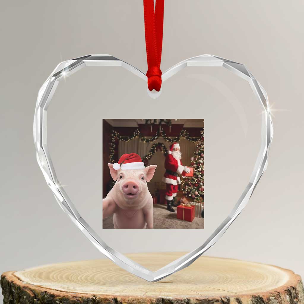 Funny Christmas Pig Selfie With Santa Gift Heart Crystal Glass Ornament TS12 Transparent Glass 3'' Heart Print Your Wear
