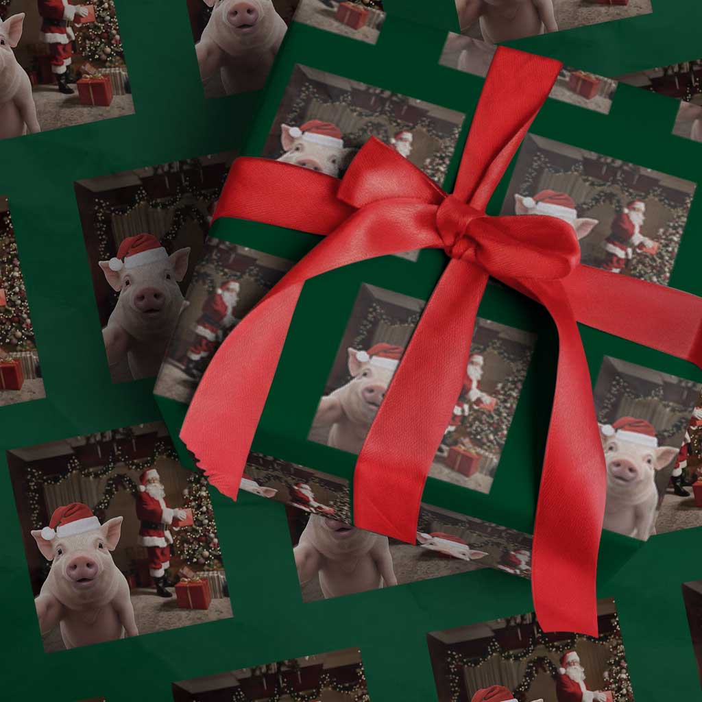 Funny Christmas Pig Selfie With Santa Gift Wrapping Paper Roll TS12 Green Print Your Wear