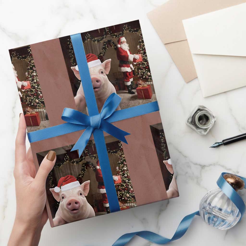Funny Christmas Pig Selfie With Santa Gift Wrapping Paper Roll TS12 Mocha Print Your Wear