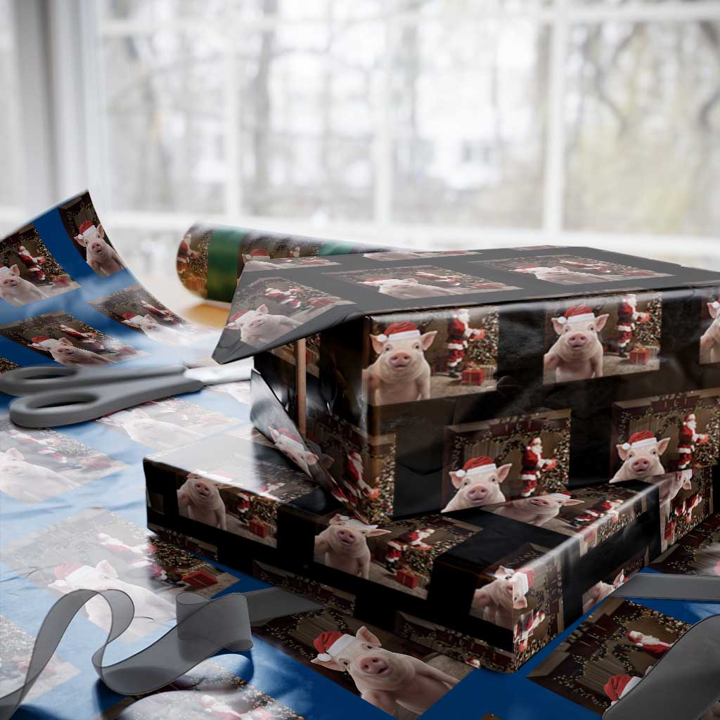 Funny Christmas Pig Selfie With Santa Gift Wrapping Paper Roll TS12 Black Print Your Wear