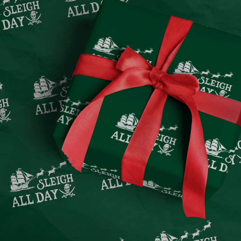 Funny Christmas Pirate Wrapping Paper Roll Sleigh All Day Pirate Skull Ship TS11 Green Print Your Wear