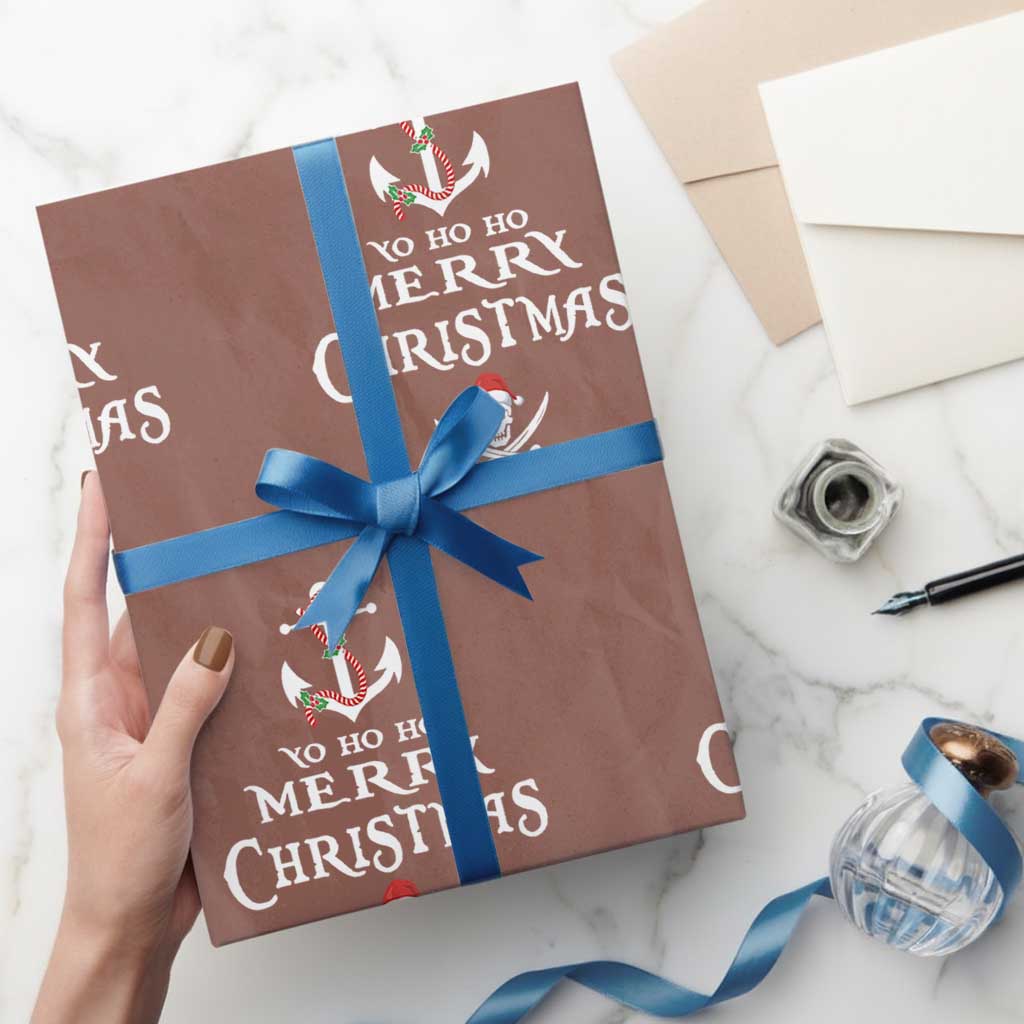 Funny Christmas Pirate Wrapping Paper Roll Yo Ho Ho Merry Christmas Anchor Santa Skull TS11 Mocha Print Your Wear