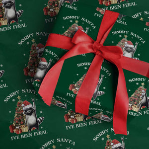 Funny Christmas Racoon Wrapping Paper Roll Sorry Santa I've Been Feral Xmas Hat TS11 Green Print Your Wear