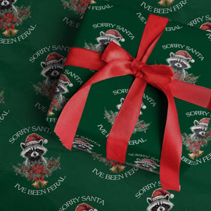 Funny Christmas Racoon Wrapping Paper Roll Sorry Santa I've Been Feral Xmas Wreath TS11 Green Print Your Wear