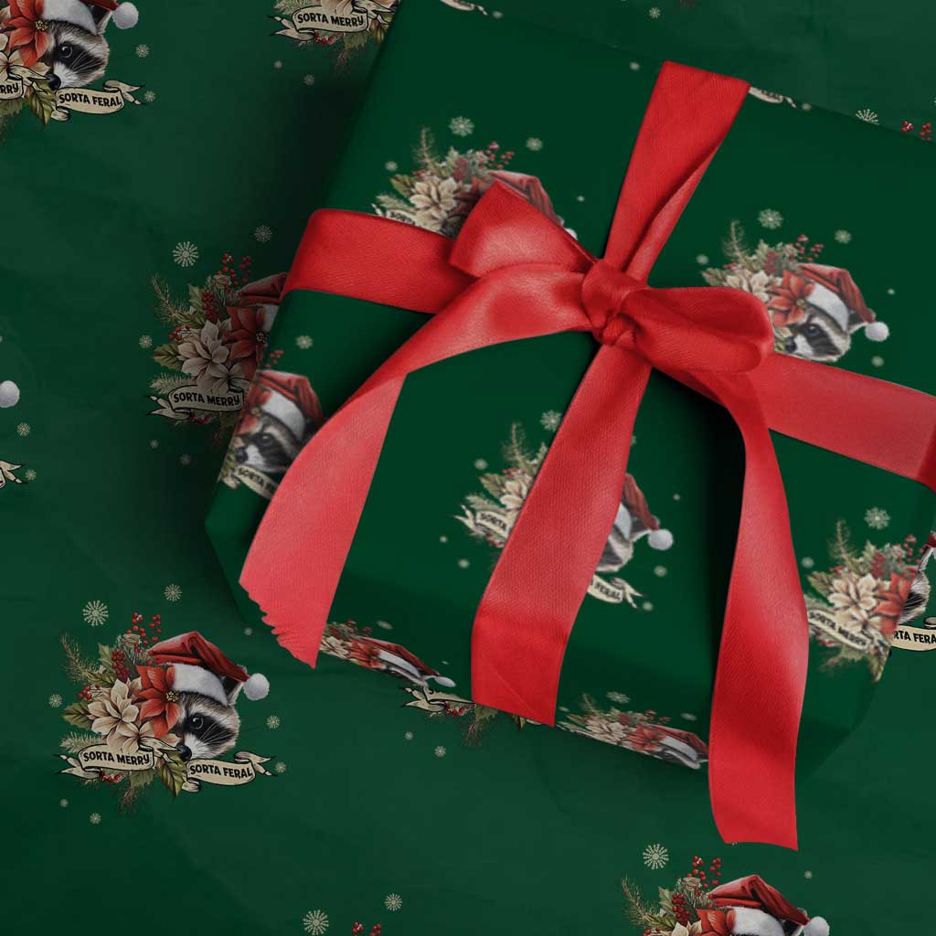 Funny Christmas Racoon Wrapping Paper Roll Sorta Merry Sorta Feral Santa Hat Vintage Flowers TS11 Green Print Your Wear