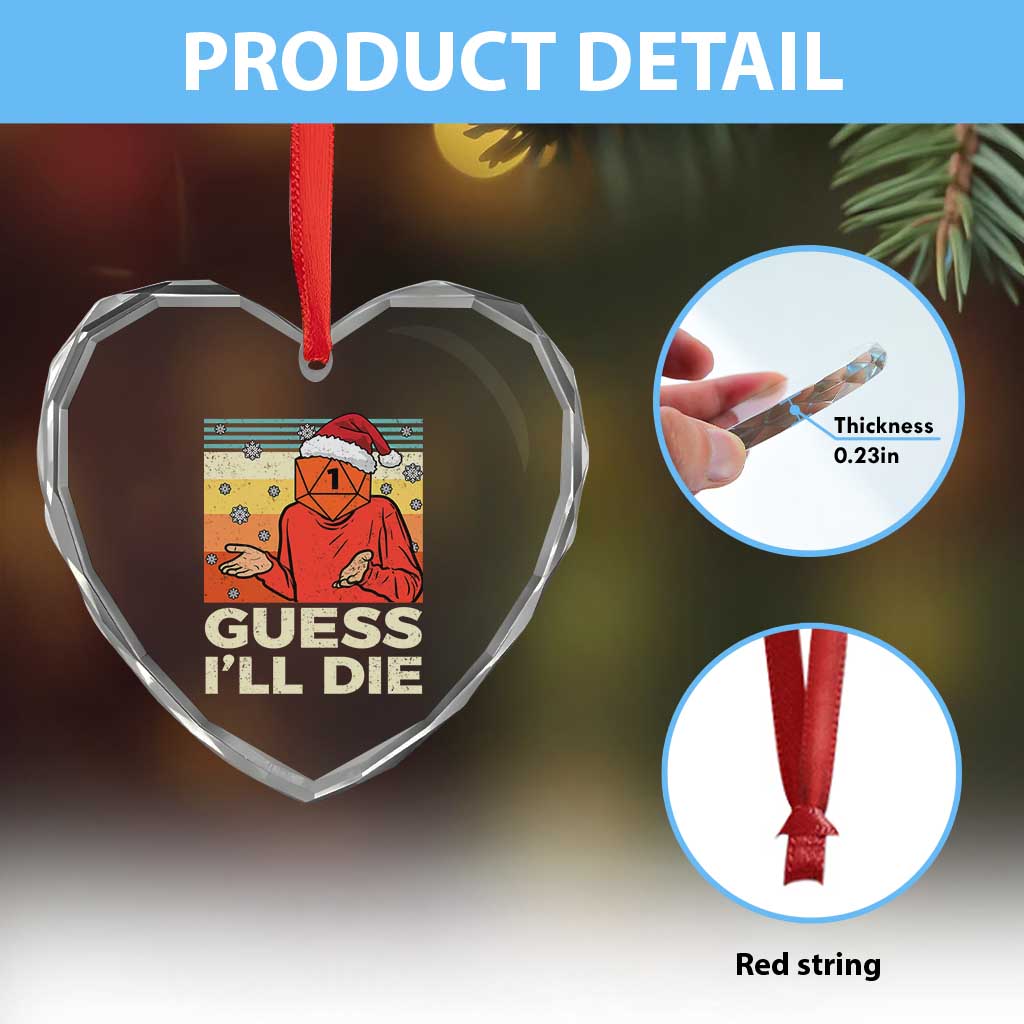 Funny Christmas Rpg Gamer Heart Crystal Glass Ornament Guess l Will Die Retro Dice Santa Hat TS11 Print Your Wear