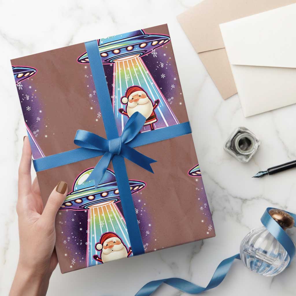 Funny Christmas Santa Alien Neon UFO Wrapping Paper Roll TS11 Mocha Print Your Wear