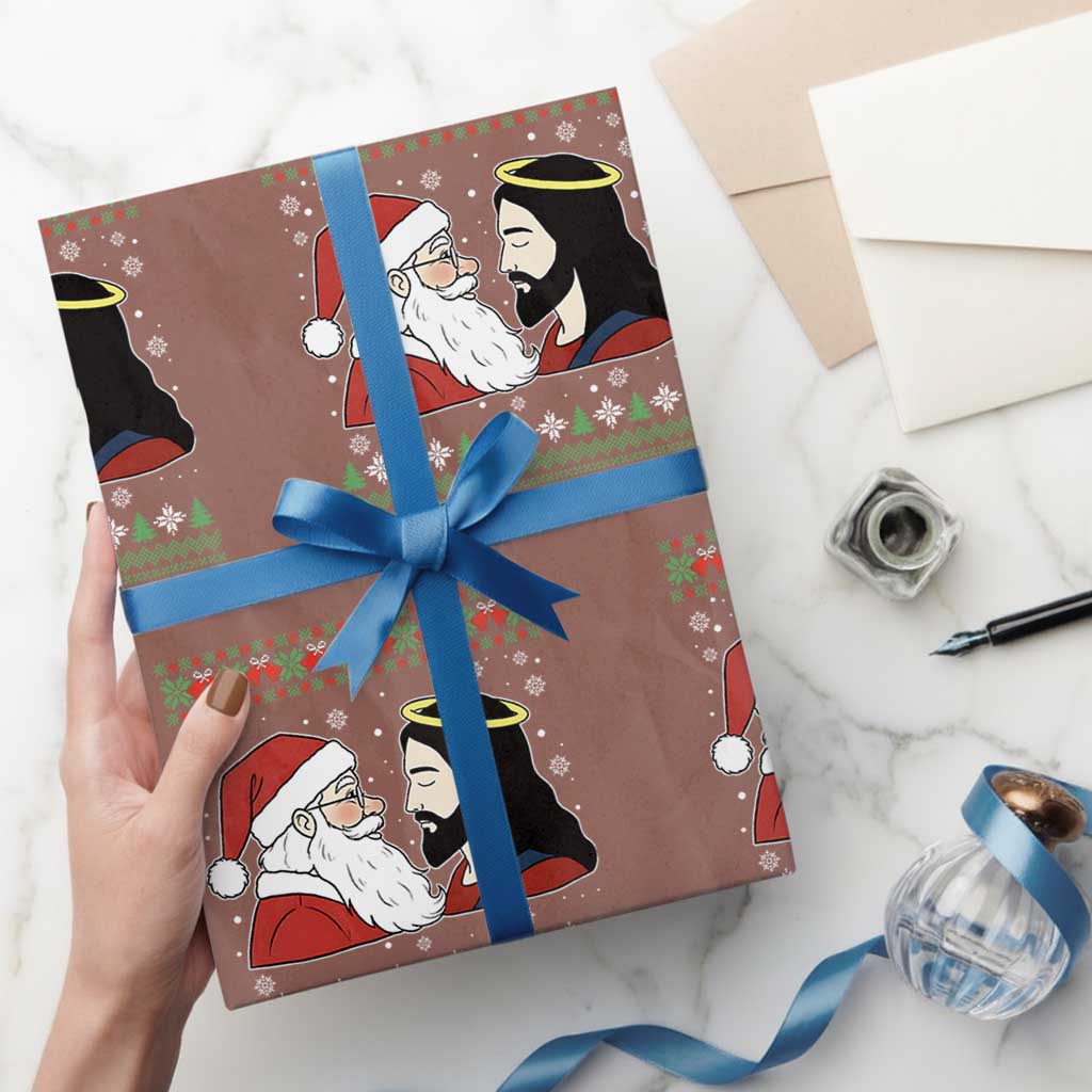 Funny Christmas Santa and Jesus Wrapping Paper Roll Most Wonderful Time Christian Holiday Gag Gift TS02 Mocha Print Your Wear