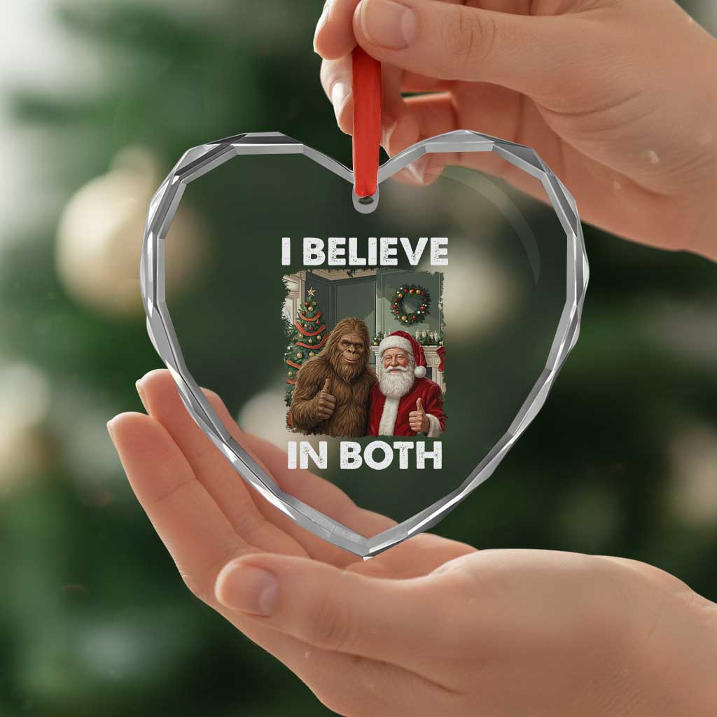 Funny Christmas Santa Bigfoot Heart Crystal Glass Ornament I Believe In Both Xmas Holiday TS11 Print Your Wear