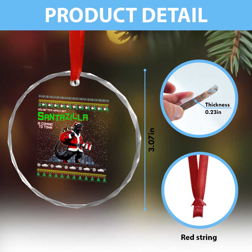 Funny Christmas Santa Godzilla Crystal Glass Ornament You Better Watch Out Santazilla Is Coming To Town TS11 Print Your Wear