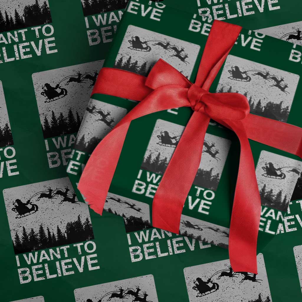 Funny Christmas Santa Wrapping Paper Roll I Want To Believe Sleigh With Reindeers TS11 Green Print Your Wear