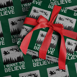 Funny Christmas Santa Wrapping Paper Roll I Want To Believe Sleigh With Reindeers TS11 Green Print Your Wear