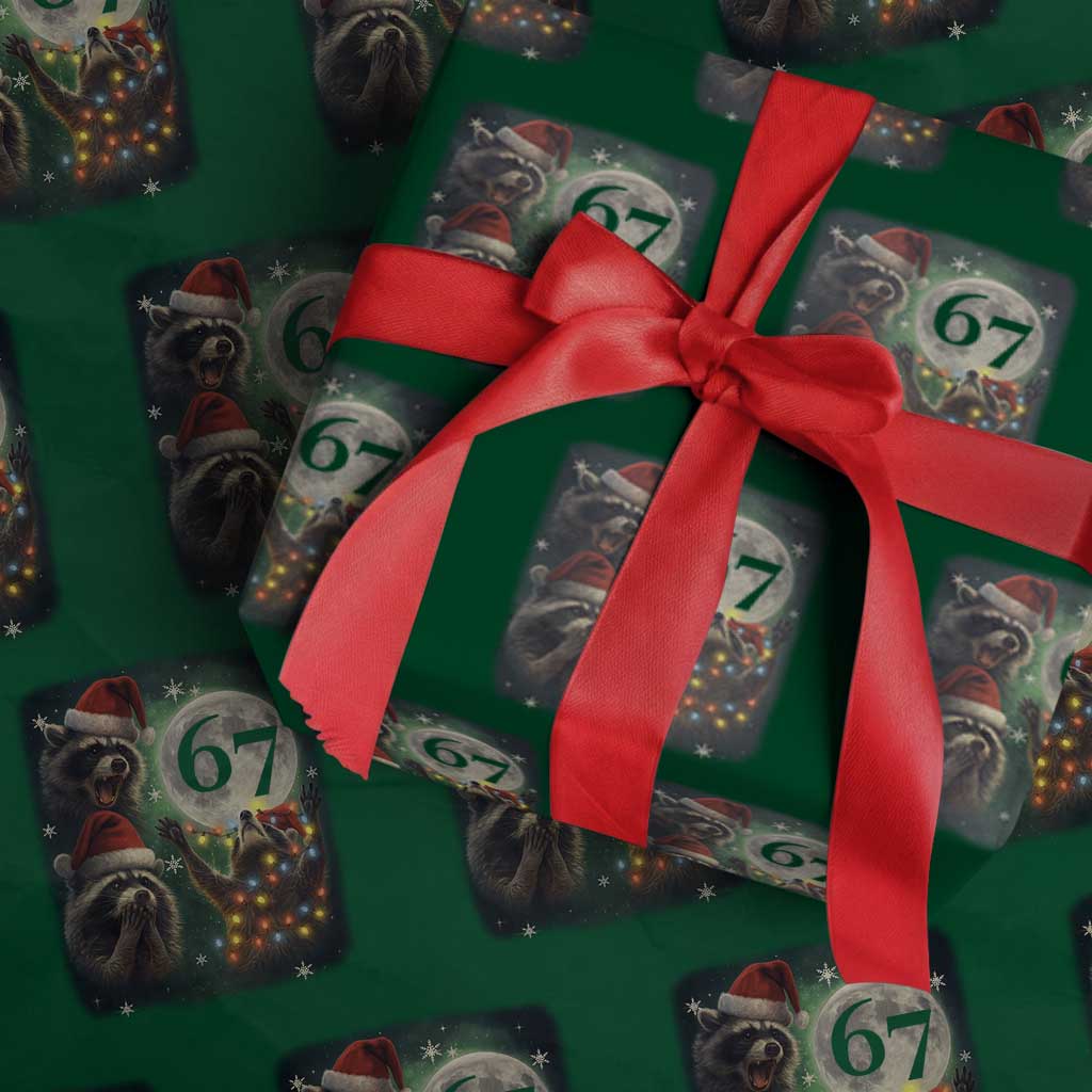 Funny Christmas Three Raccoons 67 Wrapping Paper Roll Trash Panda Moon Howling Six Seven Meme TS11 Green Print Your Wear