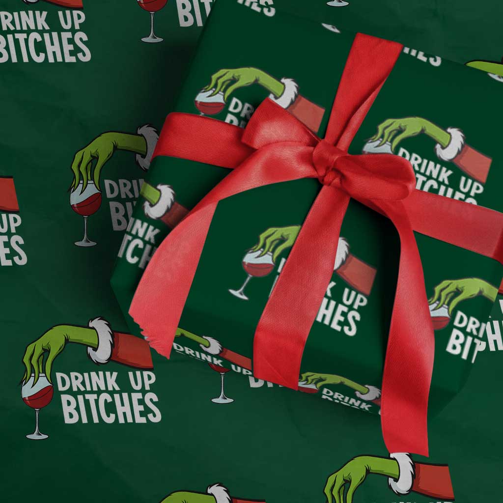 Funny Christmas Wine Wrapping Paper Roll Drink Up Bitches TS14 Green Print Your Wear