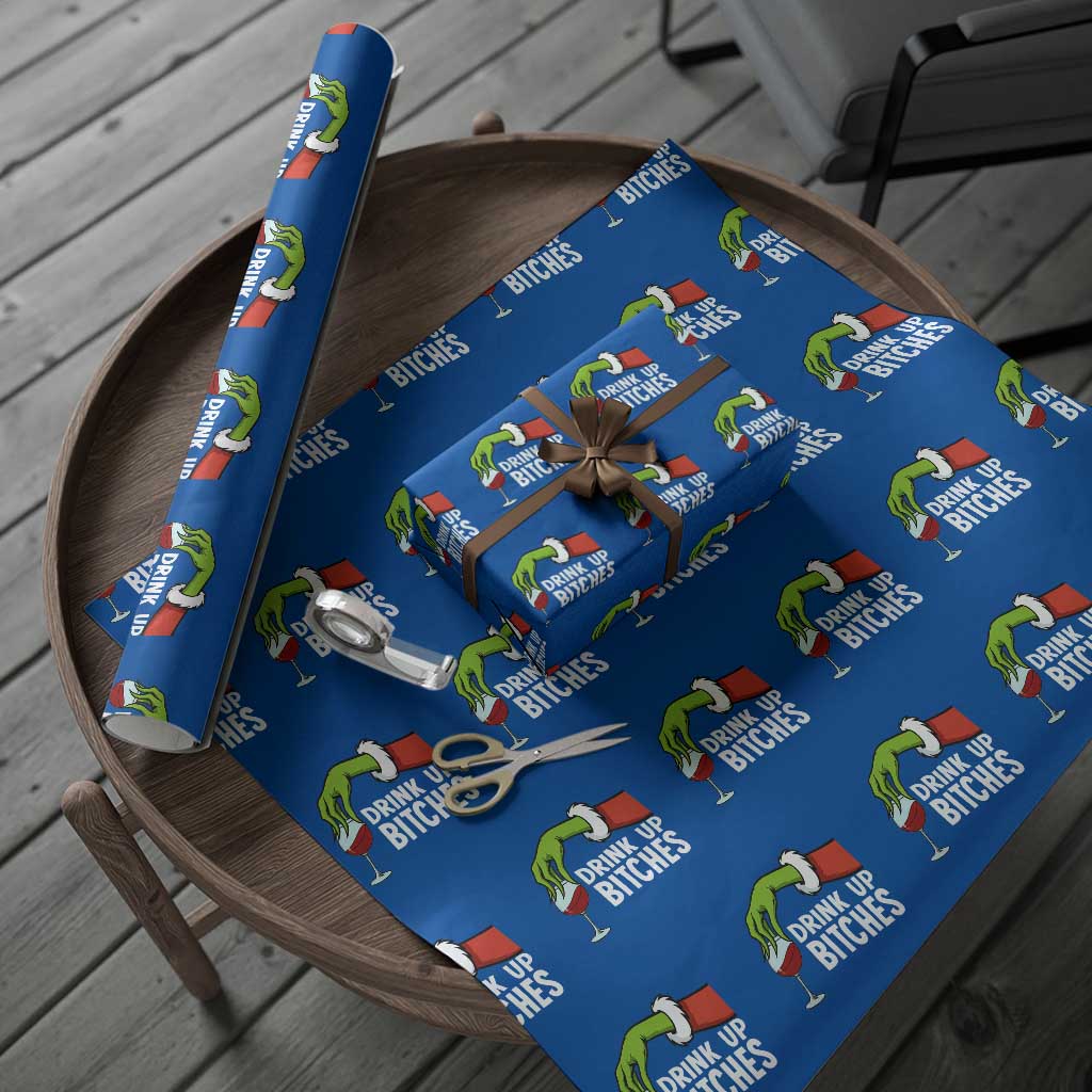 Funny Christmas Wine Wrapping Paper Roll Drink Up Bitches TS14 Blue Print Your Wear