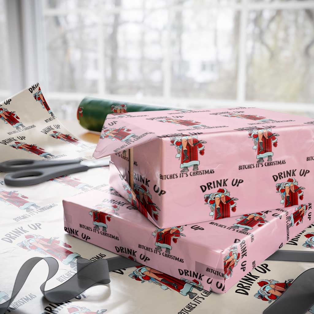 Funny Christmas Wine Wrapping Paper Roll Drink Up Bitches It Is Christmas TS14 Light Pink Print Your Wear