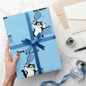 Funny Chubby Cat Tennis Wrapping Paper Roll Game Set And Meow TS12 Light Blue Print Your Wear