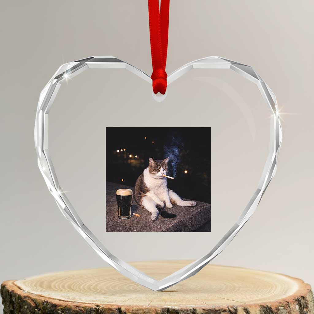 Funny Cigarette And Drinking Irish Stout Beer Cat Meme Heart Crystal Glass Ornament TS11 Transparent Glass 3'' Heart Print Your Wear