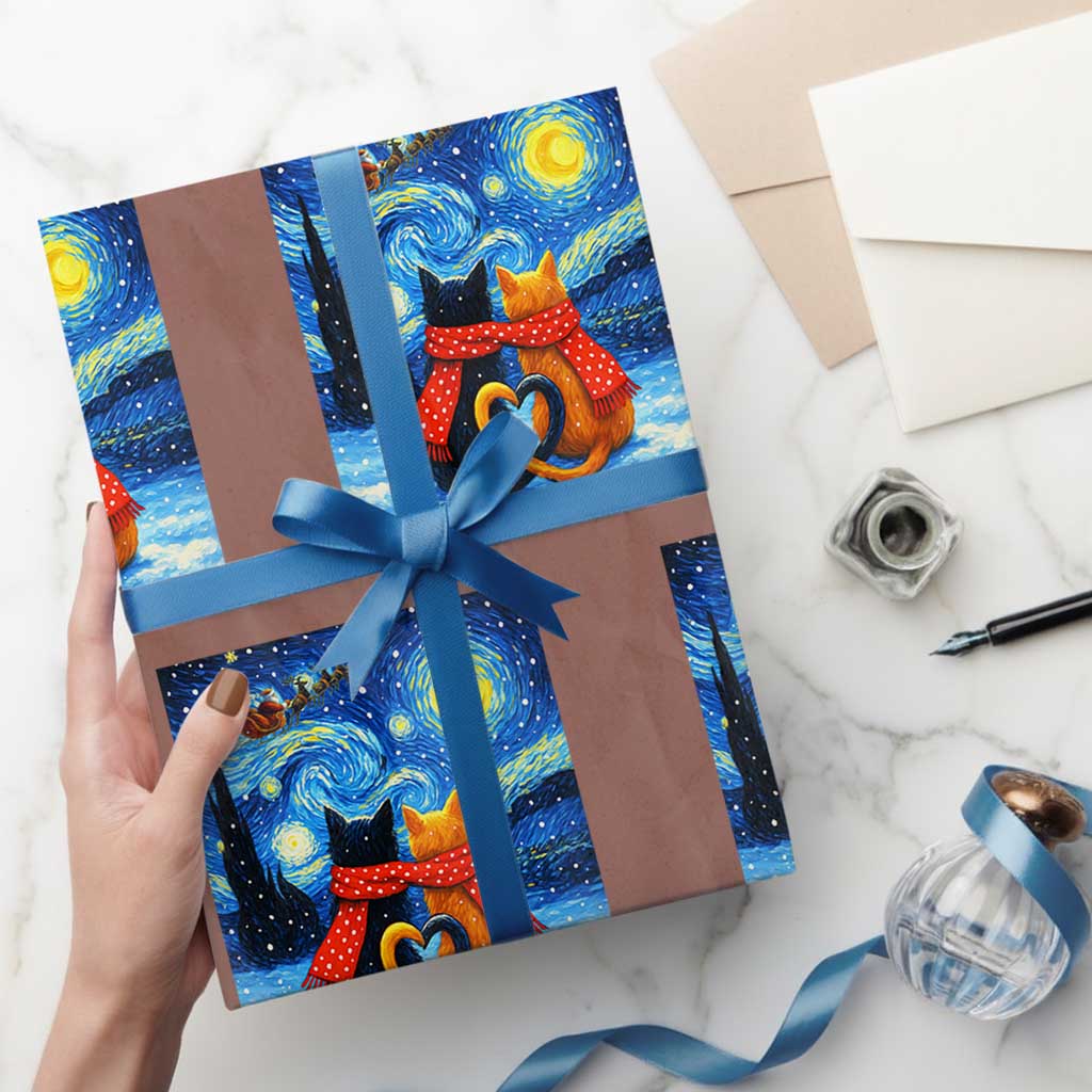 Funny Couples Xmas Wrapping Paper Roll Cats Lover Starry Night TS14 Mocha Print Your Wear