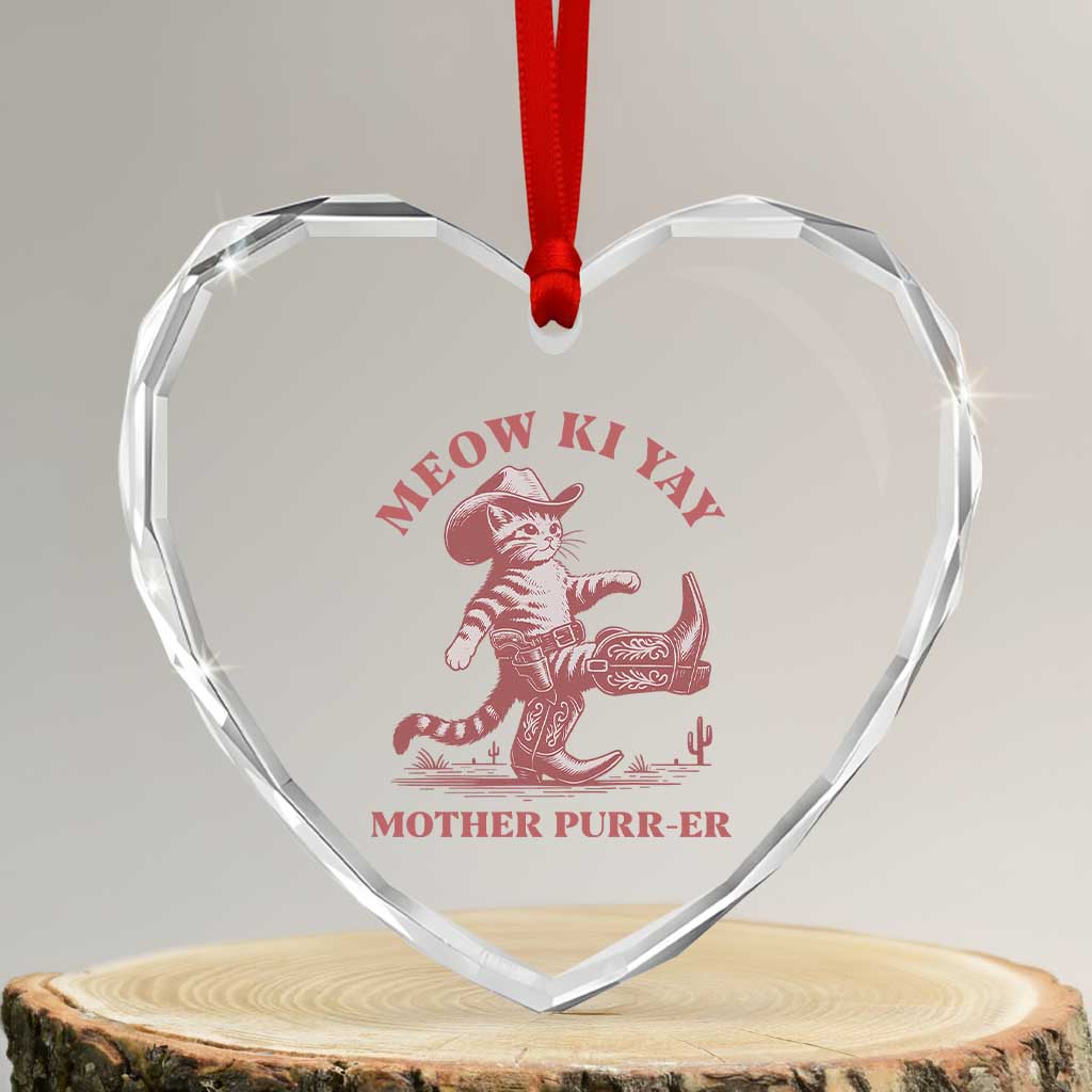 Funny Cowboy Cat Heart Crystal Glass Ornament Western Rodeo Meow Ki Yay Mother Purrer TS14 Transparent Glass 3'' Heart Print Your Wear