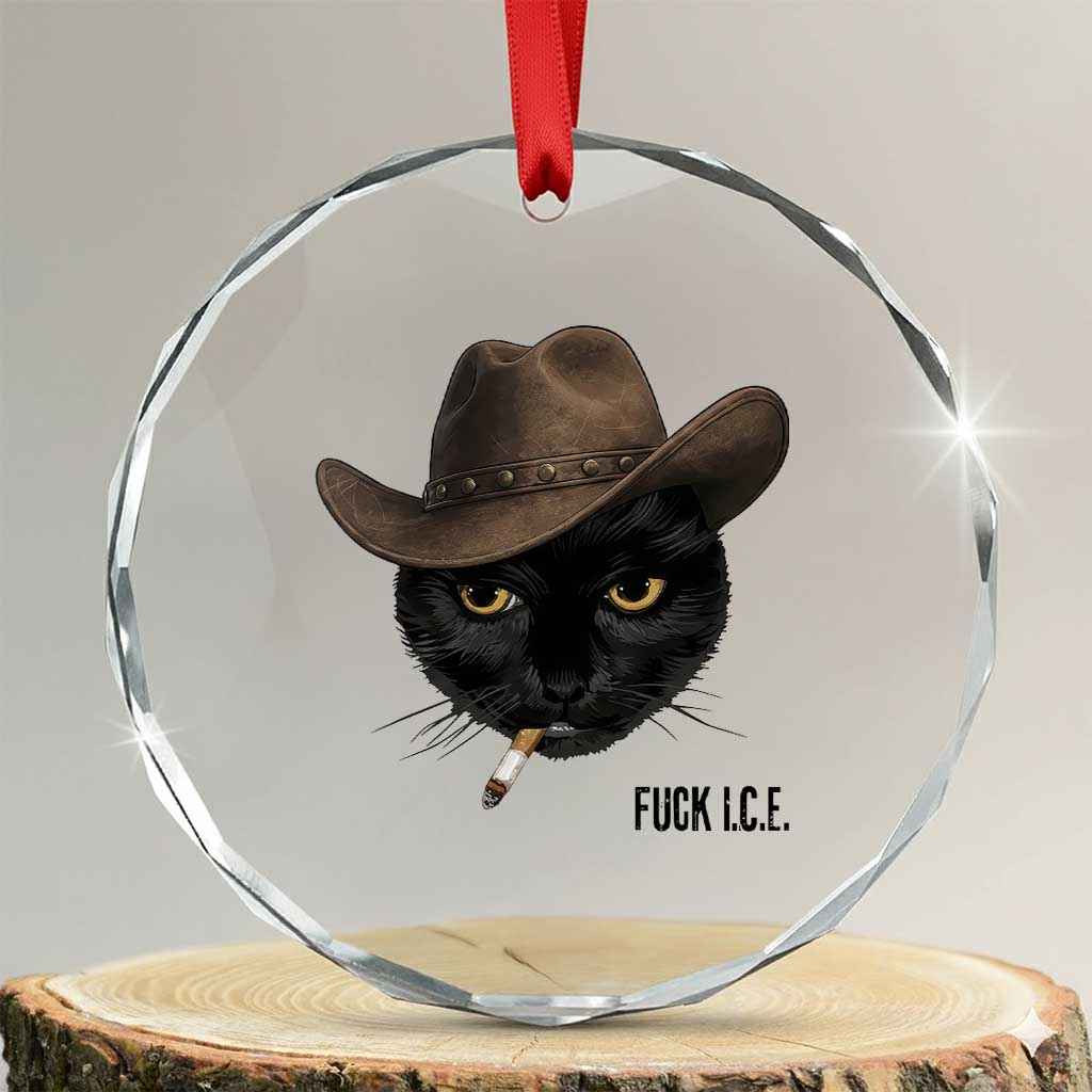 Funny Cowboy Cat Smoking Anti ICE Protest Meme Crystal Glass Ornament TS14 Transparent Glass 3'' Circle Print Your Wear