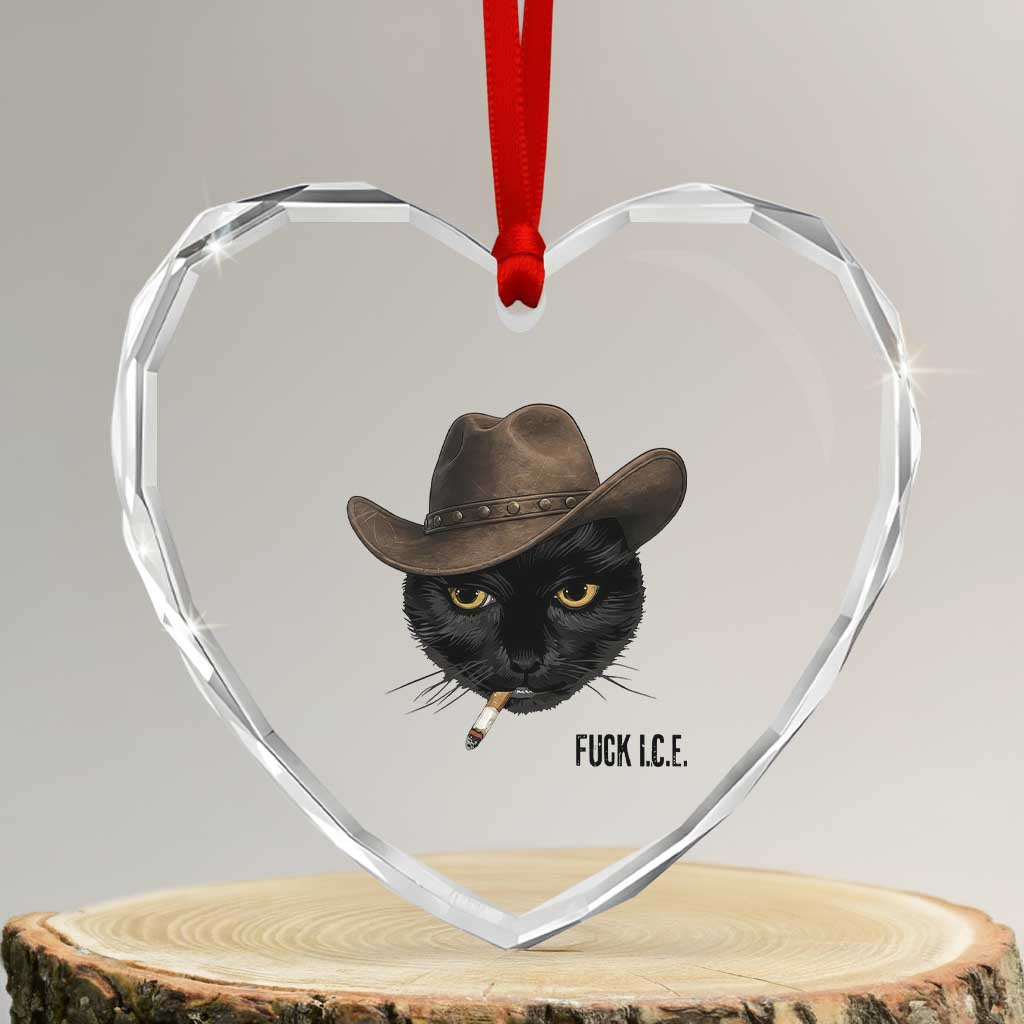 Funny Cowboy Cat Smoking Anti ICE Protest Meme Heart Crystal Glass Ornament TS14 Transparent Glass 3'' Heart Print Your Wear