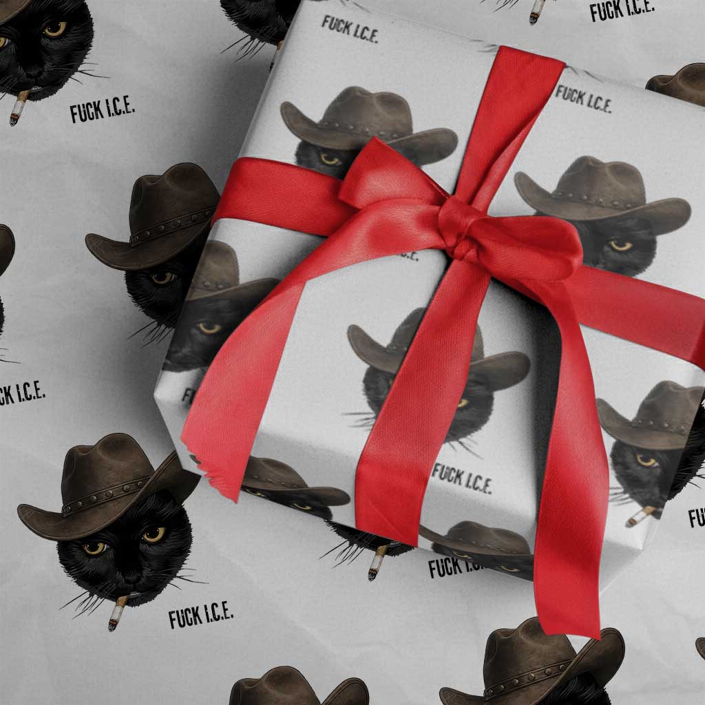 Funny Cowboy Cat Smoking Anti ICE Protest Meme Wrapping Paper Roll TS14 White Print Your Wear
