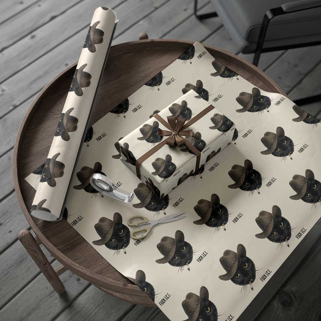 Funny Cowboy Cat Smoking Anti ICE Protest Meme Wrapping Paper Roll TS14 Beige Print Your Wear