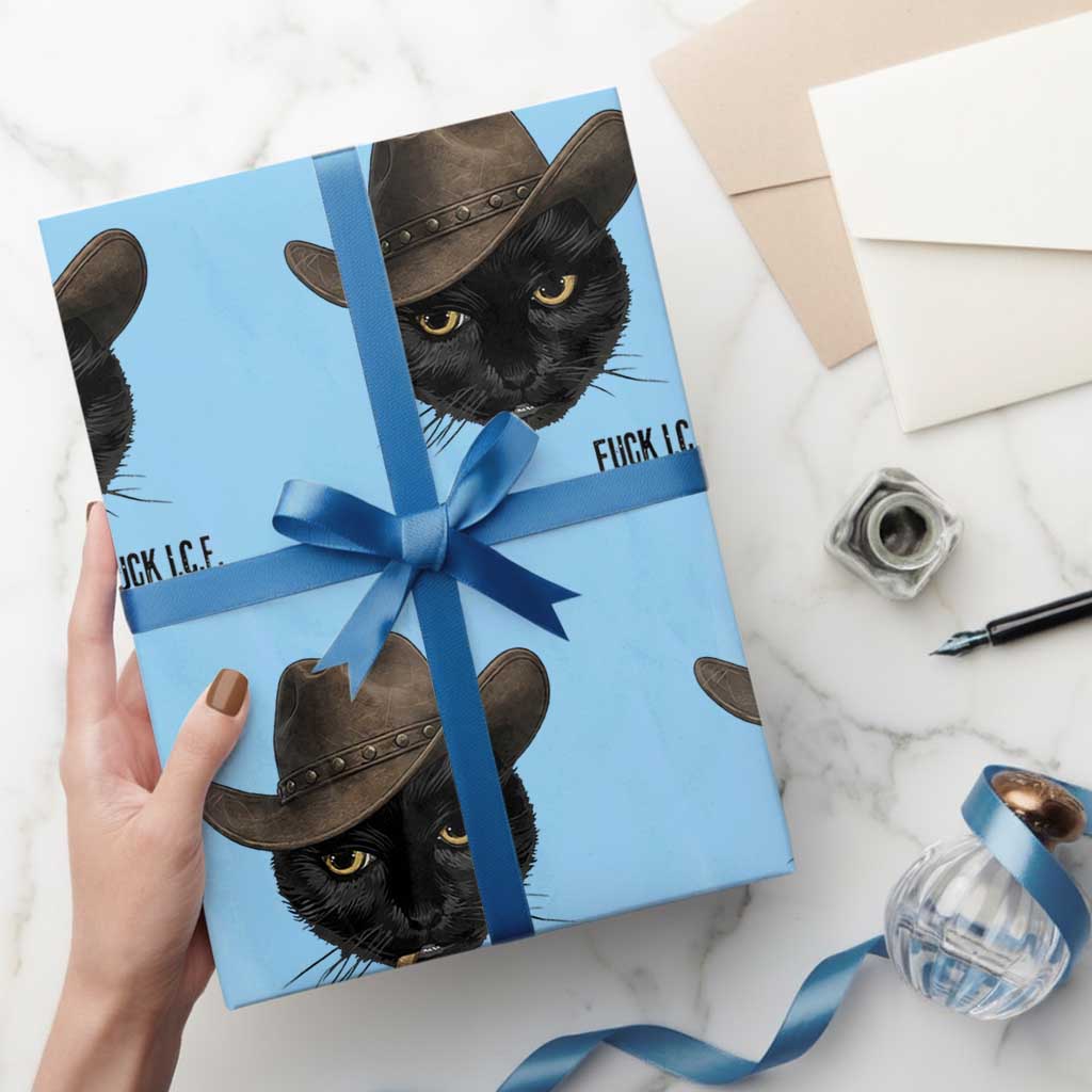 Funny Cowboy Cat Smoking Anti ICE Protest Meme Wrapping Paper Roll TS14 Light Blue Print Your Wear