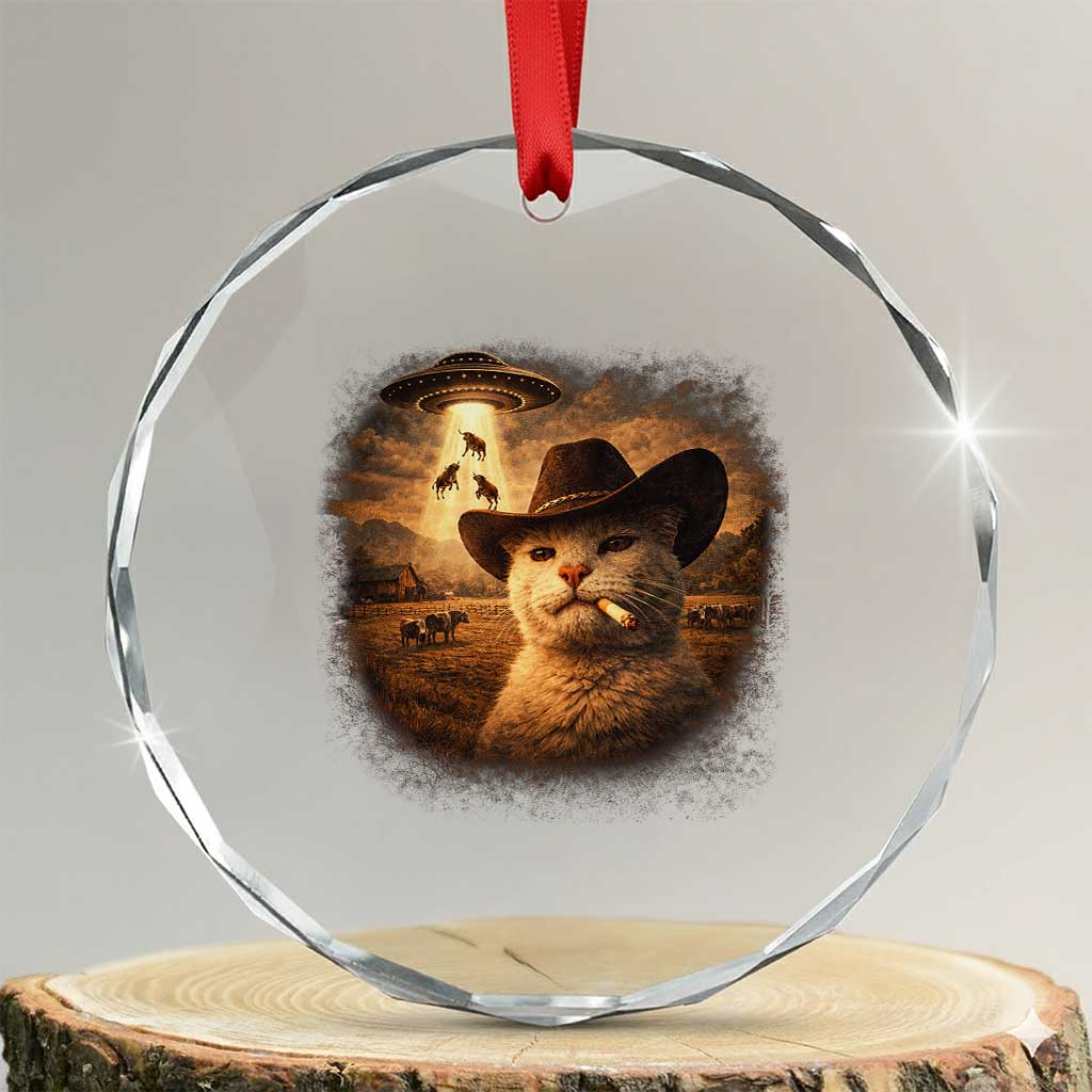 Funny Cowboy Cat UFO Crystal Glass Ornament Retro Western Rodeo Meme Cats Lover Gift TS10 Transparent Glass 3'' Circle Print Your Wear