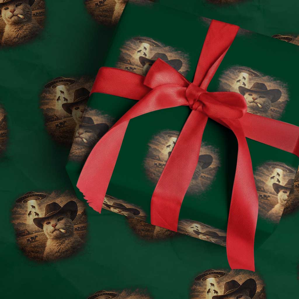 Funny Cowboy Cat UFO Wrapping Paper Roll Retro Western Rodeo Meme Cats Lover Gift TS10 Green Print Your Wear