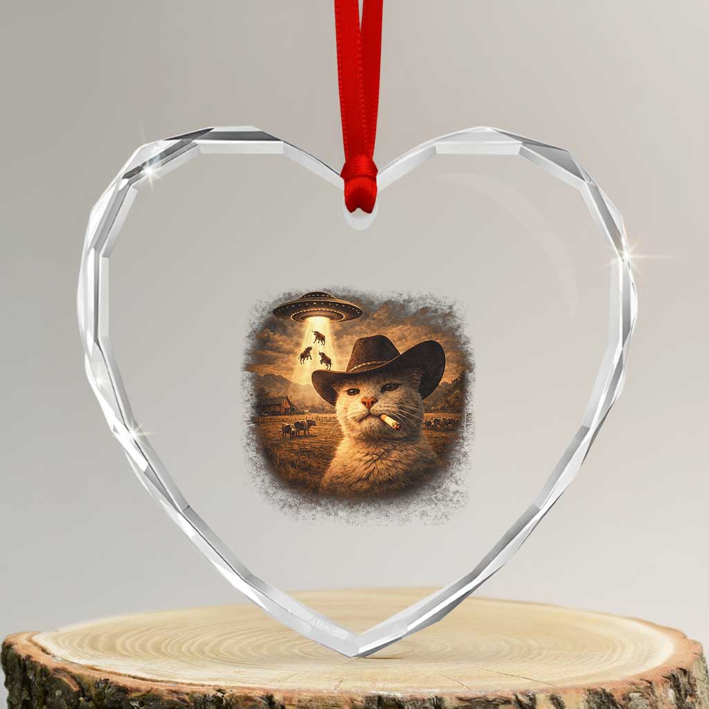 Funny Cowboy Cat UFO Heart Crystal Glass Ornament Retro Western Rodeo Meme Cats Lover Gift TS10 Transparent Glass 3'' Heart Print Your Wear