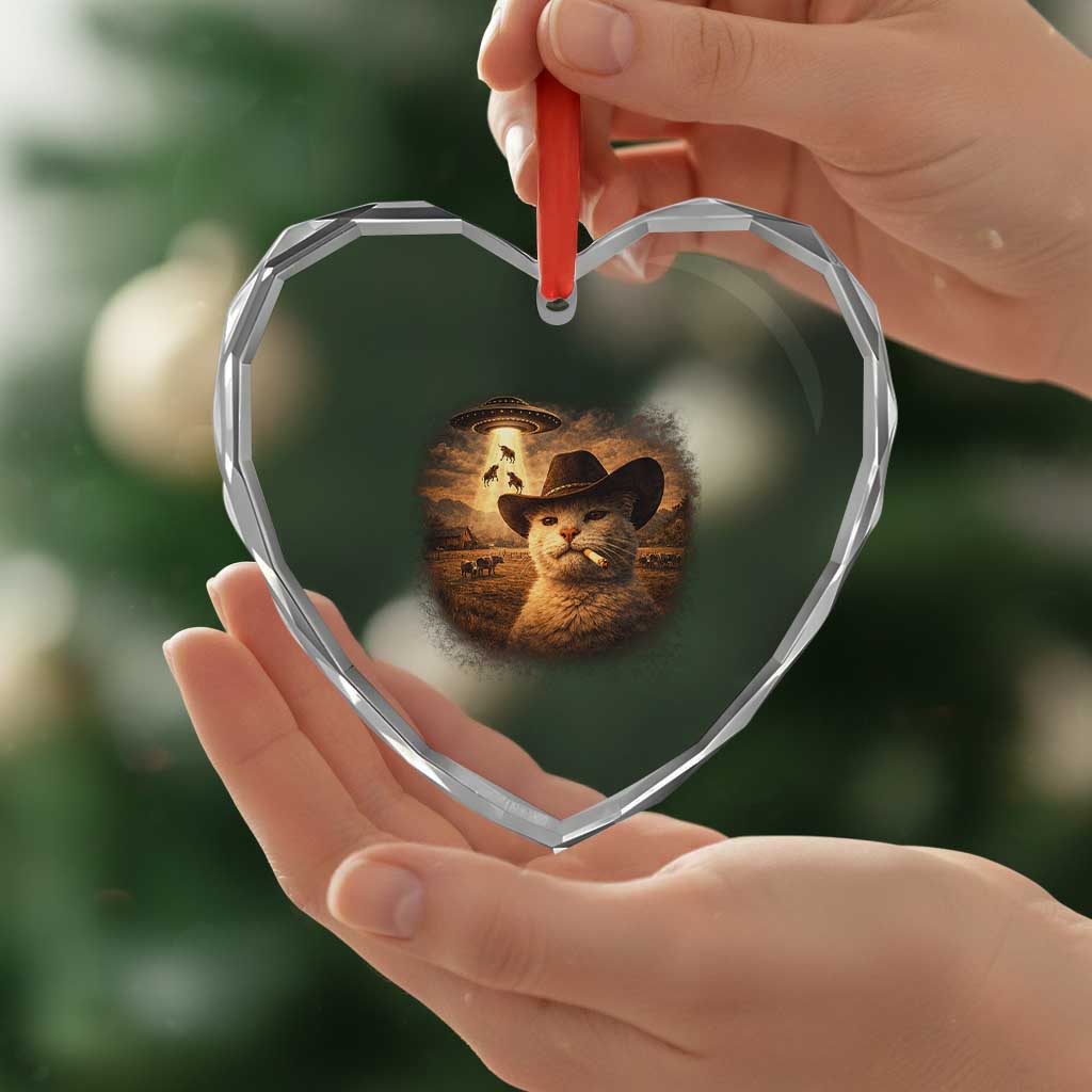 Funny Cowboy Cat UFO Heart Crystal Glass Ornament Retro Western Rodeo Meme Cats Lover Gift TS10 Print Your Wear