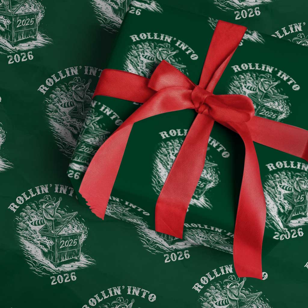 Funny Cowboy Raccoon Rollin Into 2026 Wrapping Paper Roll New Year Dumpster Fire 2026 Rodeo TS11 Green Print Your Wear