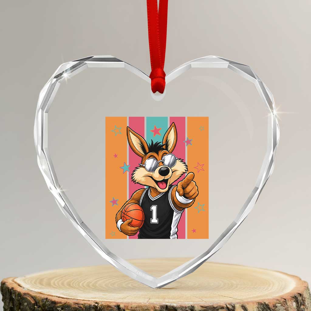Funny Coyote Playing Basketball Heart Crystal Glass Ornament Hoops Fan Gift