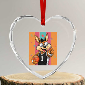 Funny Coyote Playing Basketball Heart Crystal Glass Ornament Hoops Fan Gift