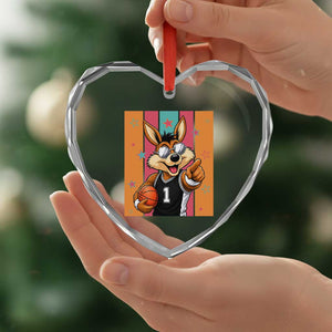Funny Coyote Playing Basketball Heart Crystal Glass Ornament Hoops Fan Gift