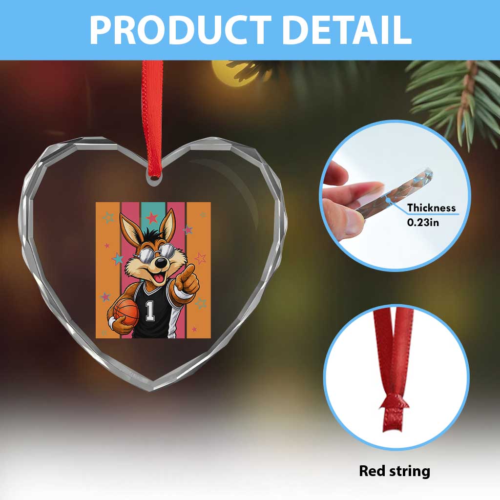 Funny Coyote Playing Basketball Heart Crystal Glass Ornament Hoops Fan Gift