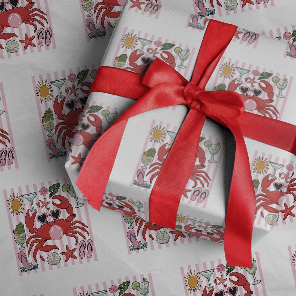 Funny Crab Tropical Summer Vacation Gift Wrapping Paper Roll Striped Summer Beach Vibes TS12 White Print Your Wear