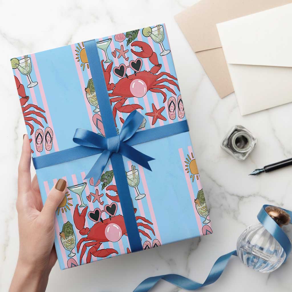 Funny Crab Tropical Summer Vacation Gift Wrapping Paper Roll Striped Summer Beach Vibes TS12 Light Blue Print Your Wear