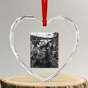 Funny Cryptid Creatures Selfie Heart Crystal Glass Ornament Bigfoot Alien Cryptozoology Fantasy Mythical Monsters
