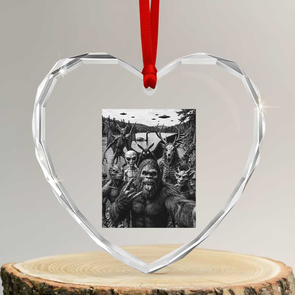 Funny Cryptid Creatures Selfie Heart Crystal Glass Ornament Bigfoot Alien Cryptozoology Fantasy Mythical Monsters TS11 Transparent Glass 3'' Heart Print Your Wear