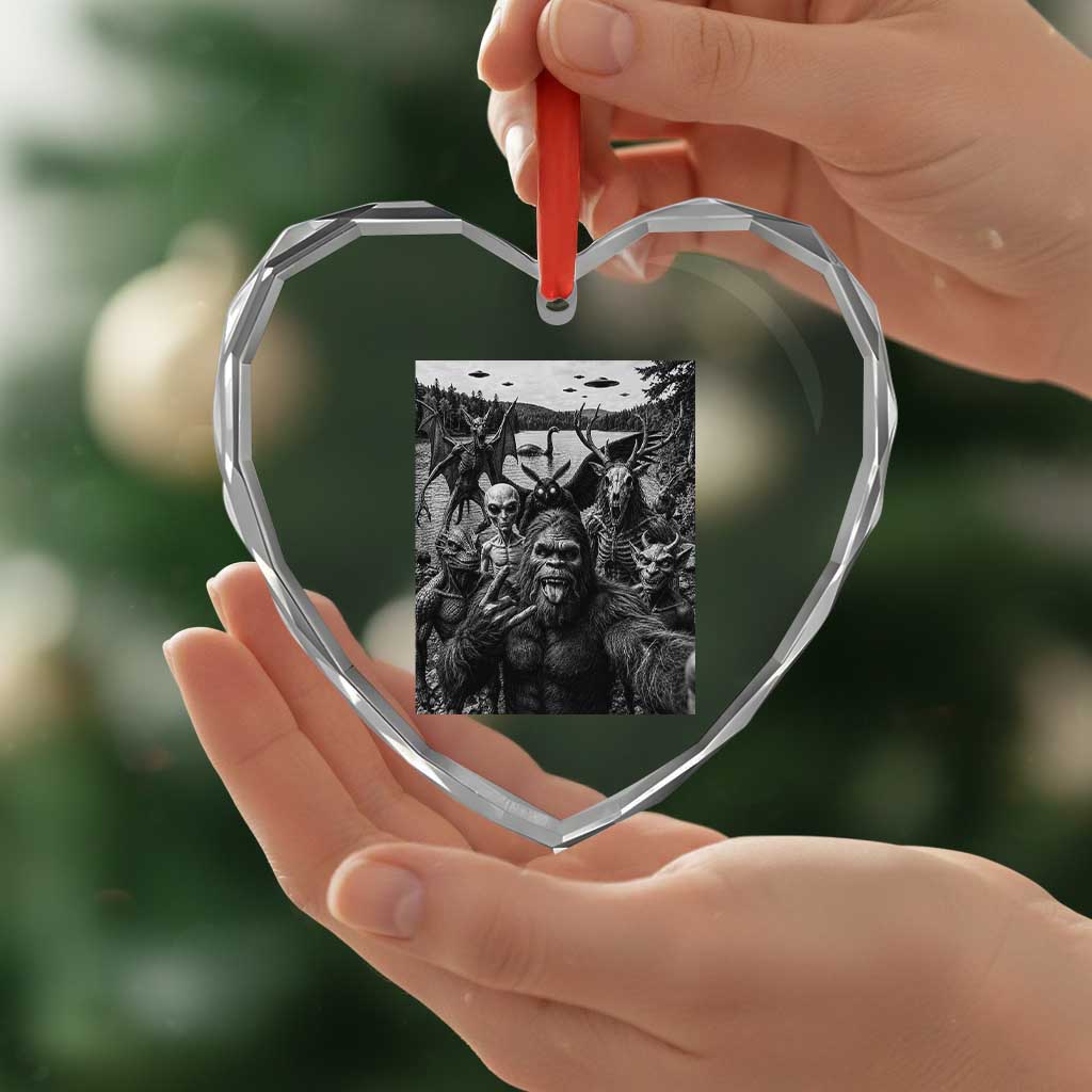 Funny Cryptid Creatures Selfie Heart Crystal Glass Ornament Bigfoot Alien Cryptozoology Fantasy Mythical Monsters