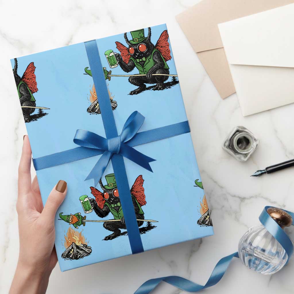 Funny Cryptid Mothman Wrapping Paper Roll St Patricks Day Gift TS12 Light Blue Print Your Wear