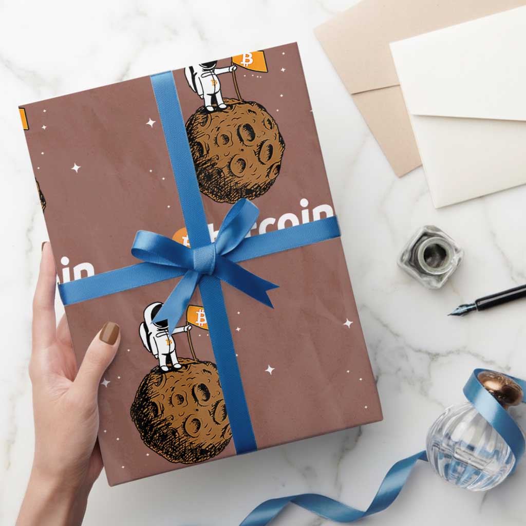 Funny Crypto Investing Wrapping Paper Roll Bitcoin BTC Crypto to the Moon Graphic Featuring Astronaut TS02 Mocha Print Your Wear