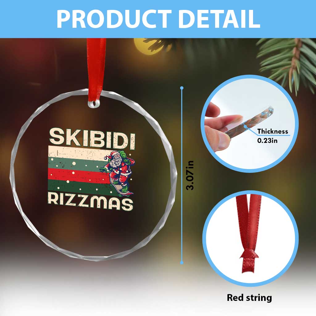 Funny Crystal Glass Ornament Skibidi Rizzmas Rizz Santa Clause Skating Board Xmas Retro Stripe TS10 Print Your Wear