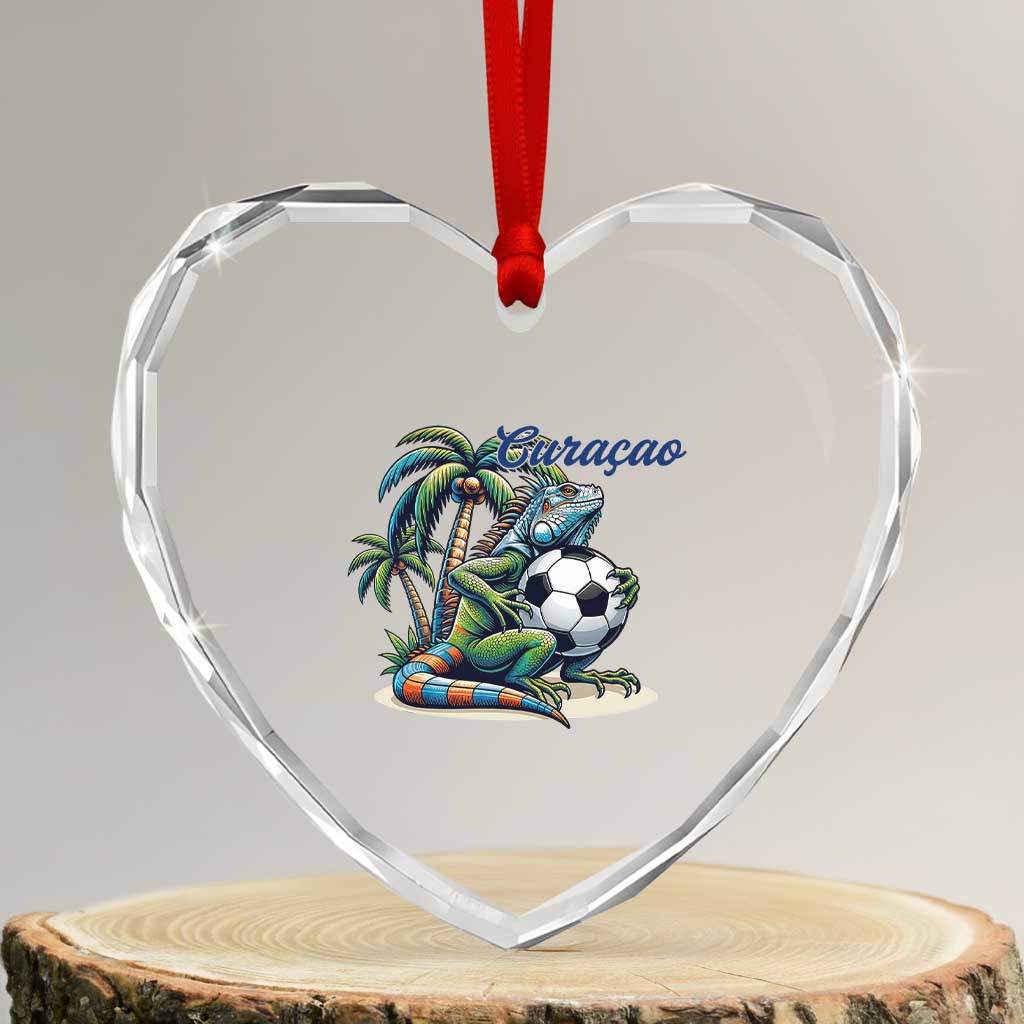 Funny Curaçao Iguana Soccer Fan Heart Crystal Glass Ornament Caribbean Pride Football Graphic