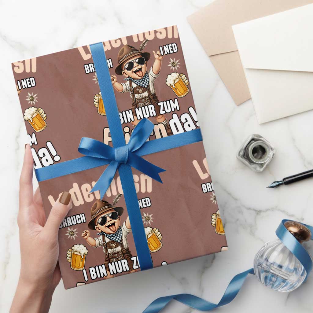 Funny Cute Boy Lederhosen Oktoberfest Wrapping Paper Roll Lederhosn I Bin Nur Zum Feiern Da Party TS02 Mocha Print Your Wear